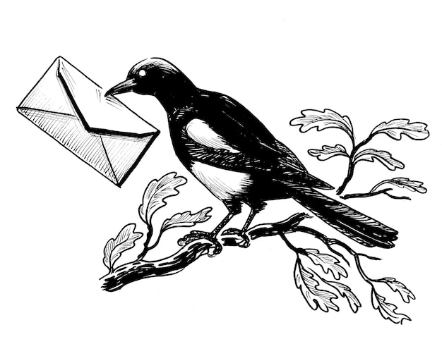 Magpie com uma letra no bico Tinta desenho preto e branco