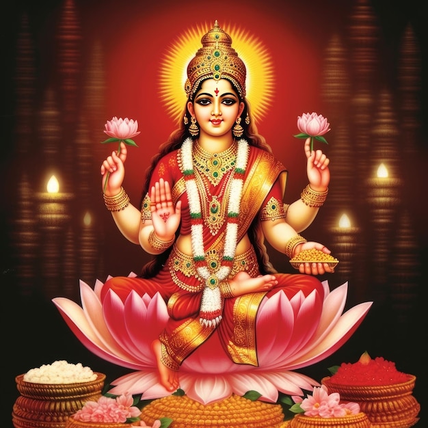 Maha laxmi deusa hindu segurando uma imagem de lótus