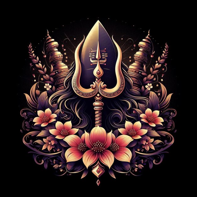 Maha-Shivratri-Illustration von Trishul Damru und Blumen mit schwarzem Hintergrund