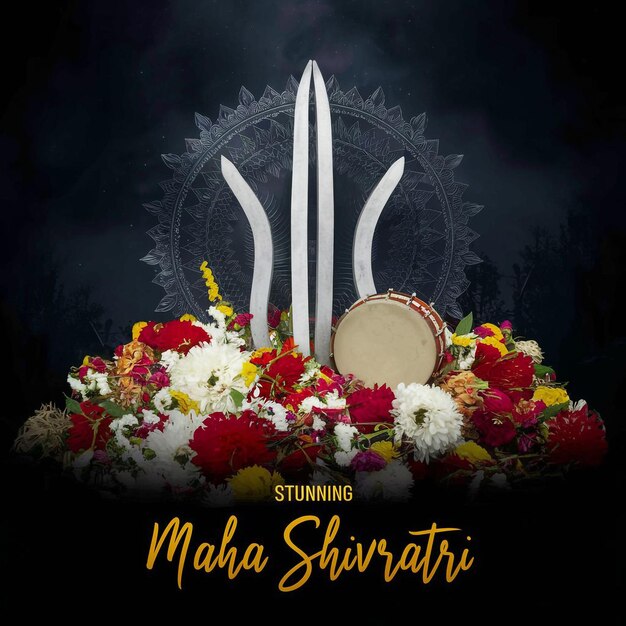 Maha-Shivratri-Illustration von Trishul Damru und Blumen mit schwarzem Hintergrund