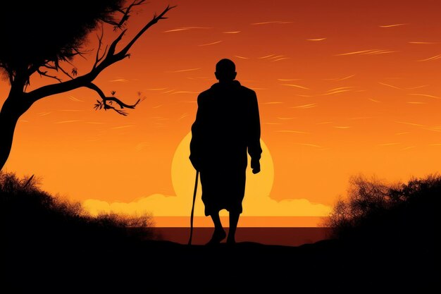 Mahatma Gandhi caminando al atardecer