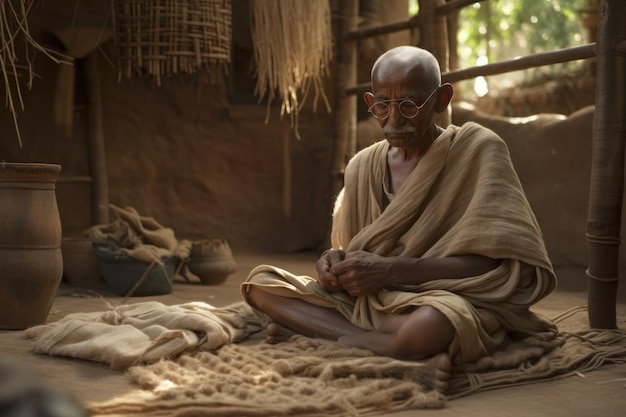 Mahatma Gandhi confeccionando su propia ropa