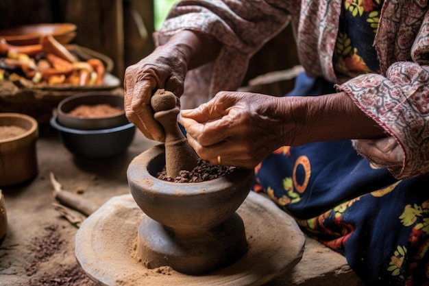 Mahlen von Kaffeebohnen mit einem traditionellen Mörser und Stößel, der mit generativer KI hergestellt wurde