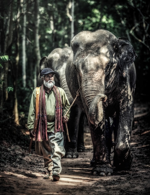 Un mahout caminando con su elefante para volver a casa después de bañar a su elefante en un lago local