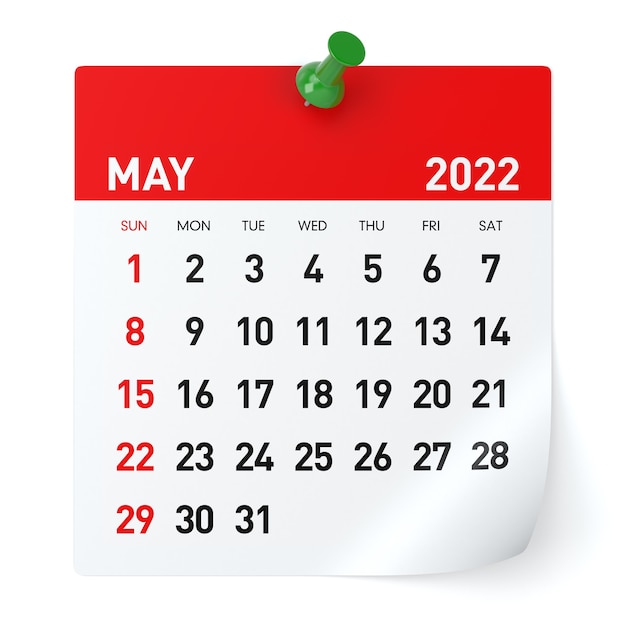 Mai 2022 - Kalender. Isoliert auf weißem Hintergrund. 3D-Illustration