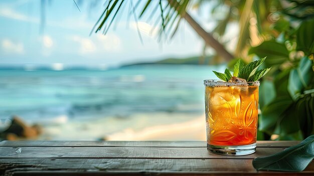 Mai-Rum-Cocktail mit Limette und Mandeln Ananas auf einem Strand-Hintergrund mit Eiswürfeln und Palmen