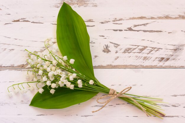 Maiglöckchenblumen auf weißem hölzernem Hintergrund. Ansicht von oben.