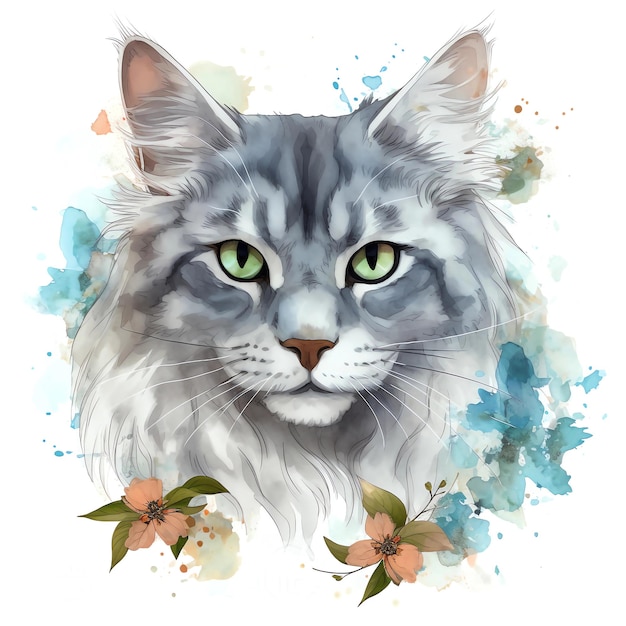 Maine coon cat aquarela pintura de retrato clipart com flores da primavera