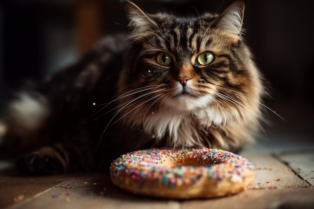 Maine Coon Cat sentado al lado de comer donas Ai generativo