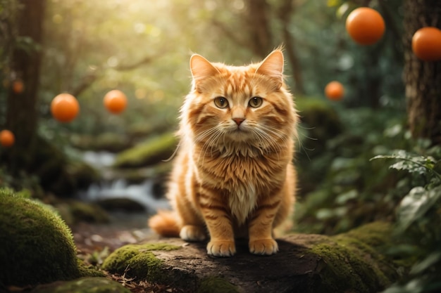 Maine Coon-Kätzchen sitzt an einem sonnigen Sommertag auf einem Baum im Waldpark