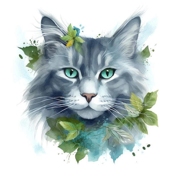 Maine Coon Katze Aquarell Clipart Porträtmalerei mit Frühlingsblumen