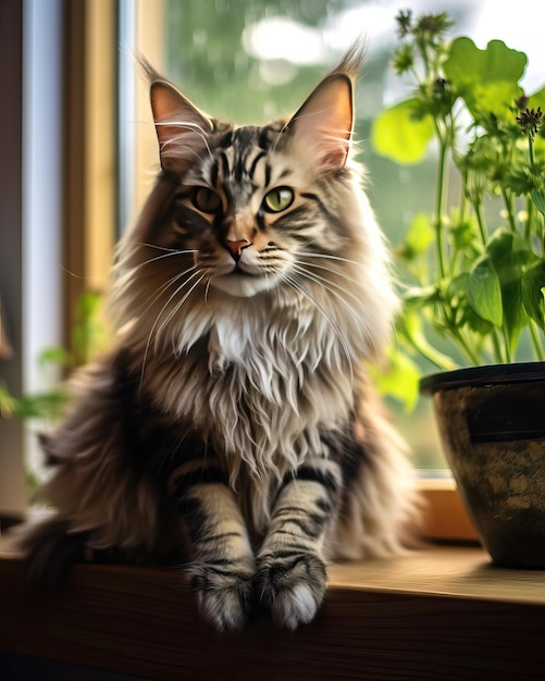 Maine-Coon-Katze auf Fensterbank mit Zimmerpflanze. Erstellt mit generativen KI-Tools