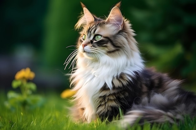 Maine-Coon-Katze sitzt im Gras und schaut zur Seite