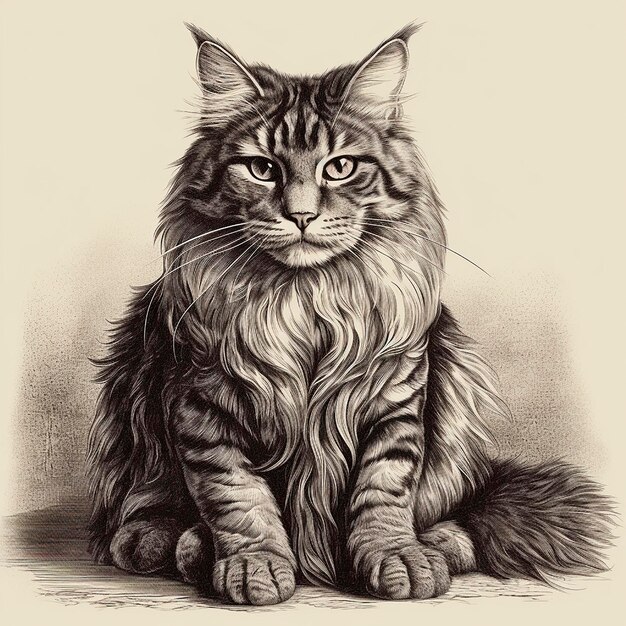 Maine Coon-Katzen-Gravur-Stil Nahaufnahme-Porträt Schwarz-Weiß-Zeichnung süßes flauschiges Kätzchen