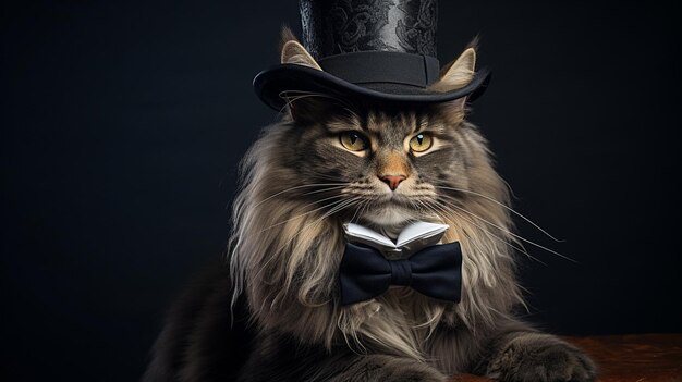 Foto un maine coon con un pequeño sombrero de alto en el fondo