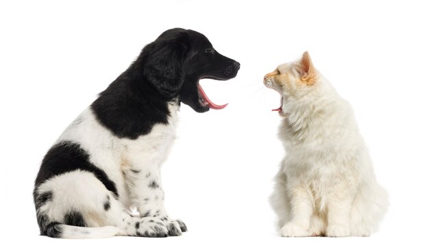 Maine Coon y Stabyhoun bostezando el uno al otro