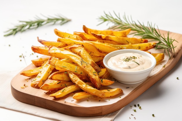 Maionese e alecrim em batatas fritas assadas em um quadro branco