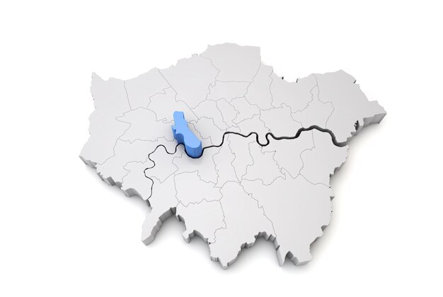 Maior mapa de londres mostrando hammersmith e fulham borough em renderização azul d