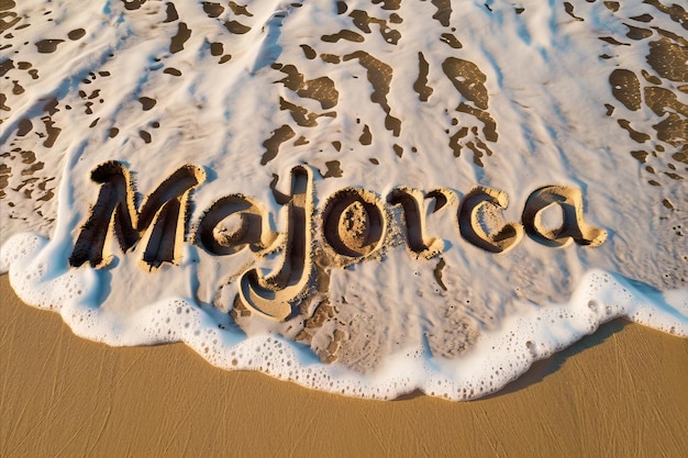 Foto maiorca, espanha, escrito na areia numa praia, fundo de turismo e férias espanhol