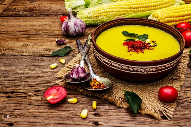 Maiscremesuppe mit frischem Gemüse, Kräutern und Gewürzen.