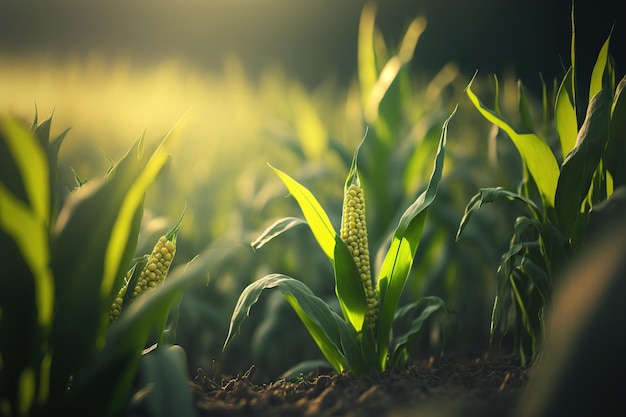 Maisfeld aus nächster Nähe fokussierte Auswahl Während der landwirtschaftlichen Sommersaison grün