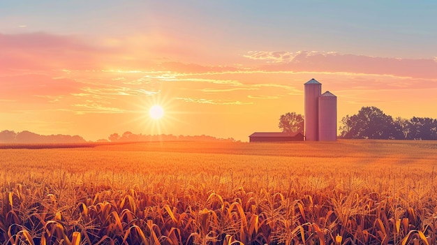 Maisfeld goldene Stunde mit Silo im Hintergrund Landwirtschaft ländliche Landwirtschaft Landschaft