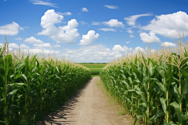 Maisfeld und eine Straße in der Bildmitte. Hintergrund mit blauem Himmel und weißen Wolken. KI-generierte Illustration