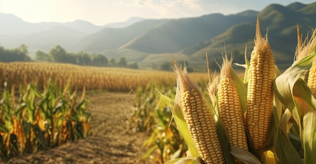 Maiskolben auf einem Maiskolbplantagenfeld, die mit generativer KI-Technologie erzeugt wurden