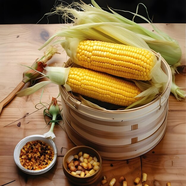 Foto maíz amarillo en un cubo de madera maíz como un plato de agradecimiento por la cosecha un ambiente de alegría y celebración