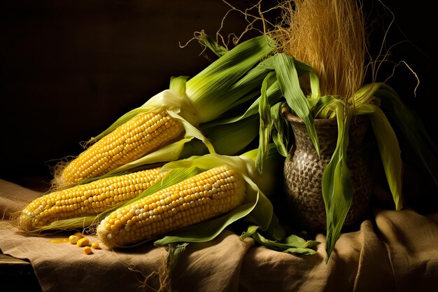 Maíz amarillo fresco natural Nitración Alimentos vegetales Hojas verdes