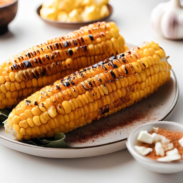 Maíz asado con especias, mantequilla y ajo en un plato sobre la mesa blanca