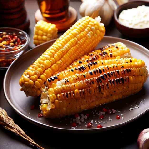 Maíz asado con especias, mantequilla y ajo en un plato sobre la mesa