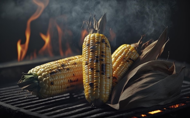 Maíz asado a la parrilla con una llama al fondo. parrilla primer plano barbacoa fondo ai generado