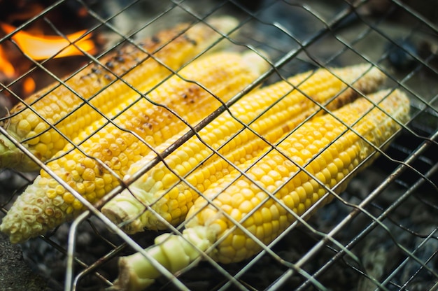 Foto maíz cocido en la naturaleza en una barbacoa