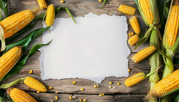 maíz fresco alrededor del borde de una pieza de papel blanco