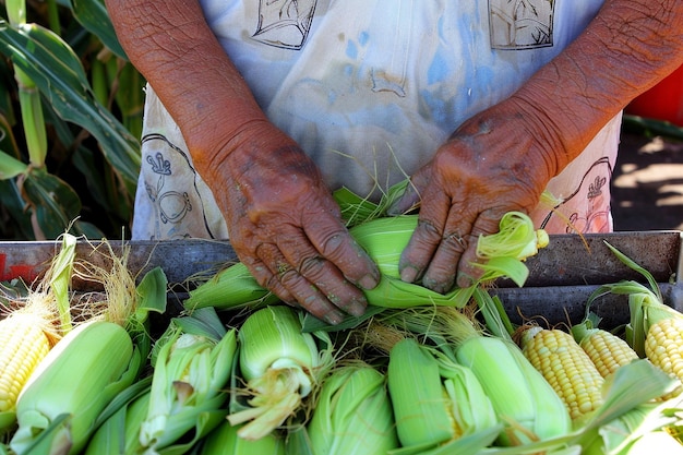 El maíz fresco es descascarado a mano