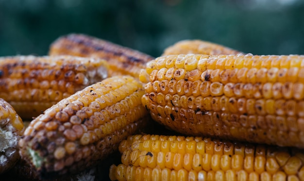 Maíz frito al fuego Grill caliente de maíz dulce Comida saludable para veganos Una mazorca de maíz