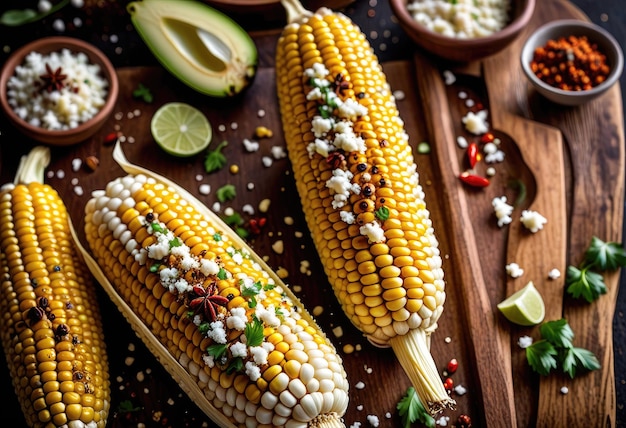 maíz en una mesa con maíz y otros alimentos