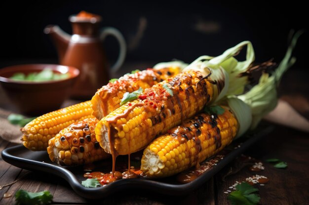 Maíz a la parrilla cubierto con salsa sriracha picante y espolvoreado con semillas de sésamo