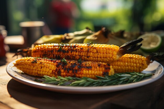 Maíz a la parrilla en un plato en un picnic Imagen generada por IA