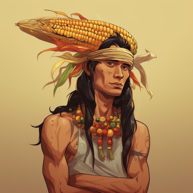 Maizeterpiece Um animado nativo americano com milho para cartoon de cabeça