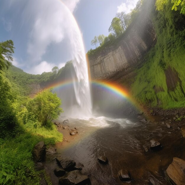 Majestad del arco iris sobre la maravilla de la cascada