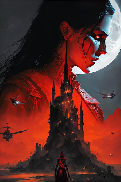 Majestad Real Rey de la Eterna Noche Luna Roja y Torre Negra en un entorno medieval