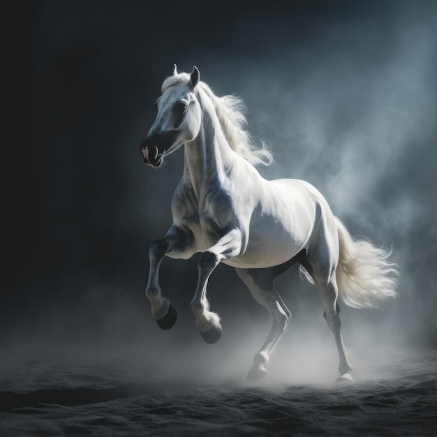 Majestad resplandeciente. Un monótono y etéreo caballo árabe blanco que se alza con un aura azul.