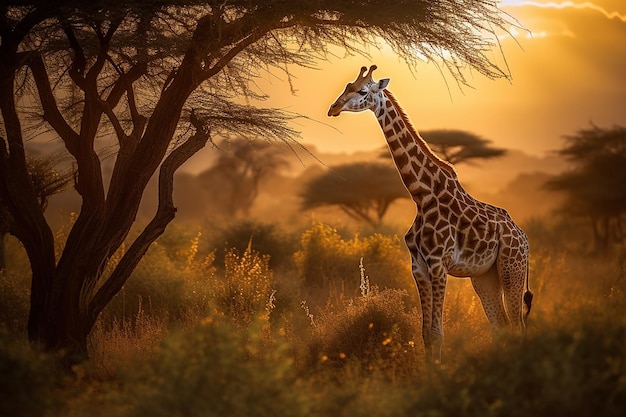Majestade Africana Majestosa Girafa no pôr do sol da savana