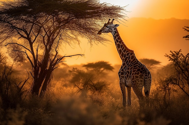 Majestade Africana Majestosa Girafa no pôr do sol da savana