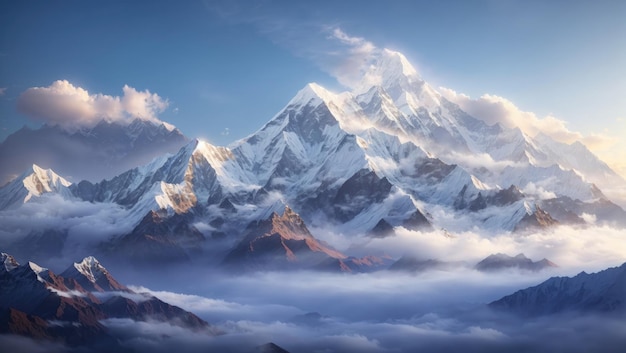 Majestade épica do Himalaia Dhaulagiri e Machapuchare acima das nuvens