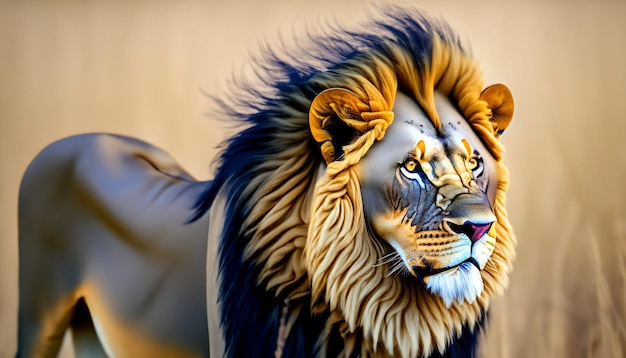 Majestade Eterna Majestoso Leão com Juba Fluente Olhando Intensamente para a Distância Capturando o