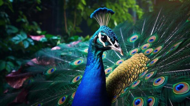 Foto majestade iridescente exibindo a exibição de penas do pavão em detalhes impressionantes