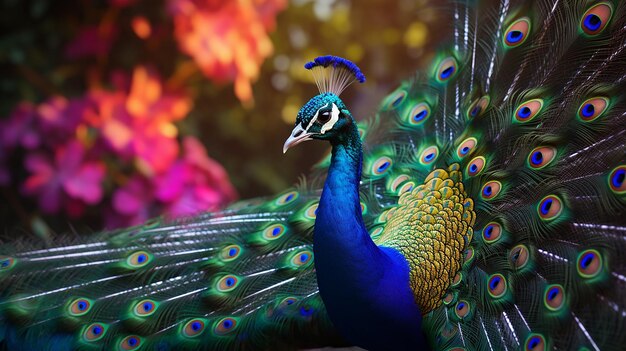 Foto majestade iridescente exibindo a exibição de penas do pavão em detalhes impressionantes